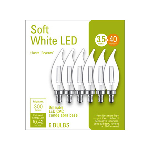 LED Deco Light Bulb, Soft White, Candelabra Base, 4-Watts - pack of 6