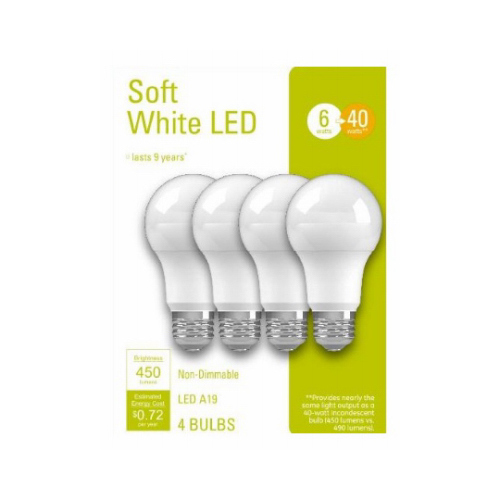 LED Light Bulbs, A19, Soft White, 450 Lumens, 6-Watts  pack of 4