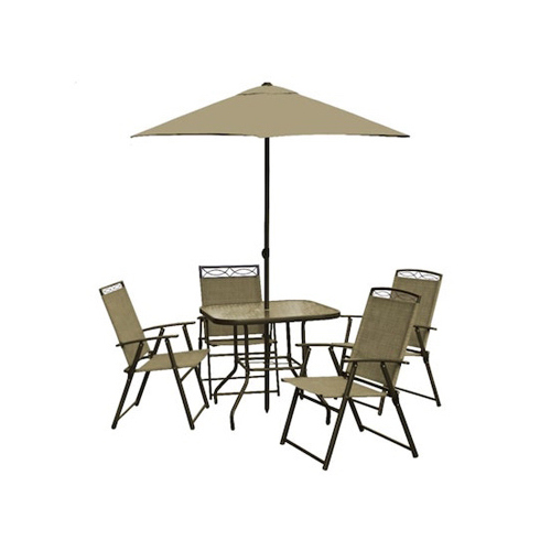 JIAXING HERO IMP & EXP CO HJ-1218 6-Pc. Patio Dining Set, 4 Folding Chairs, Table, Umbrella, Steel/Tan Fabric