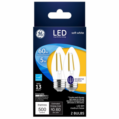 GE Lighting 93129349 DecorativeLED Light Bulbs, Soft White, Clear, 500 Lumens, 5-Watts Pair