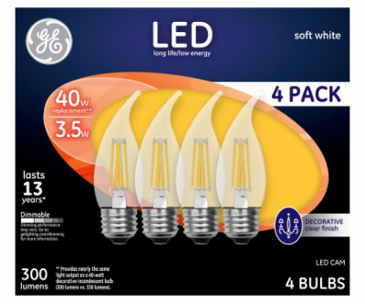 GE Lighting 92677 Decorative LED Light Bulbs, Soft White, Clear, 300 Lumens, 3.5-Watts  pack of 4