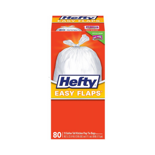 Hefty E84563 Easy Flaps Tall Kitchen Trash Bags, White, 13-Gal., 80-Ct.