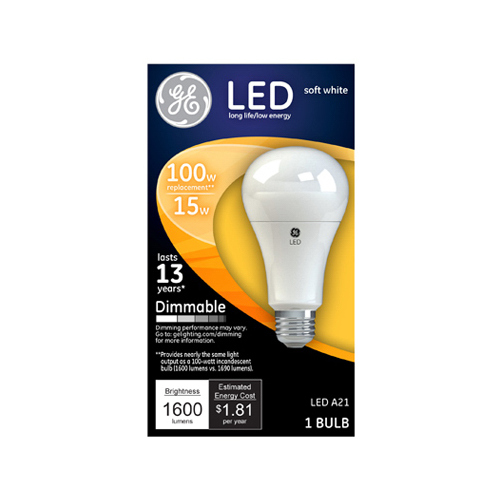 LED Light Bulb, Soft White, Dimmable, 1600 Lumens, 15-Watts