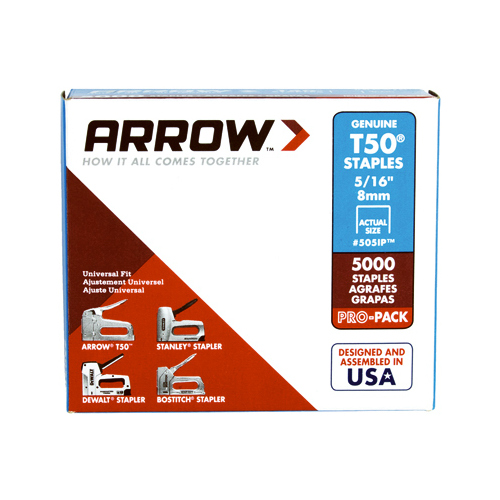 Arrow 505IP T50 Series Flat Crown Staple, 3/8 in W Crown, 5/16 in L Leg