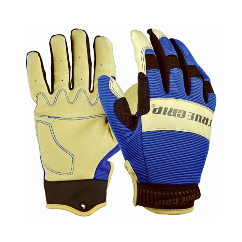 Hybrid Leather Work Gloves, Pigskin/Spandex, Blue, Men's Medium