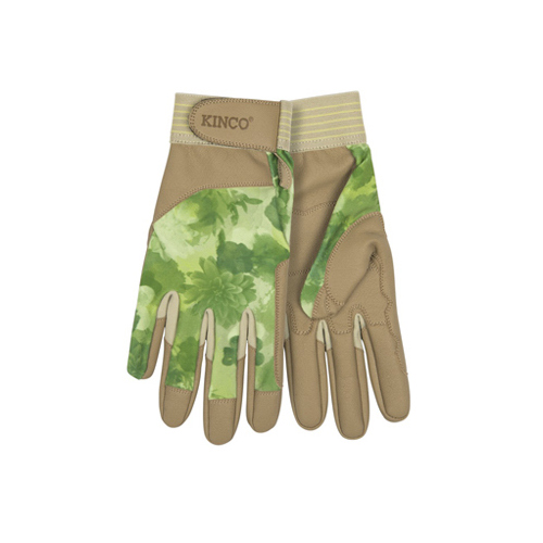 Pro Work Gloves, Synthetic Leather Palm, Green Print Poly/Lycra Back, Women's M