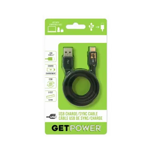 GetPower GP-USB-USBC 3 Ft. Black USB-C to USB-A Charge/Sync Cable