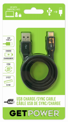 GetPower GP-USB-USBC Charge and Sync Cable, USB-A, USB-C, 3 ft L