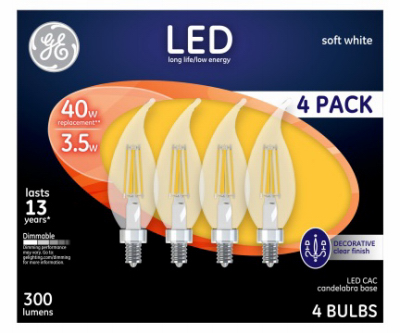 GE Lighting 92674 LED Candelabra Light Bulbs, Soft White, Clear, 300 Lumens, 3.5-Watts - pack of 4