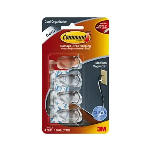 Cord Organizers With Adhesive Strips, Clear, Medium, 4 Clips/5 Strips