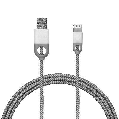 iHome IH-CT1056W Braided Nylon Lightning Cable, for iPhones, Gray/White, 6-Ft.