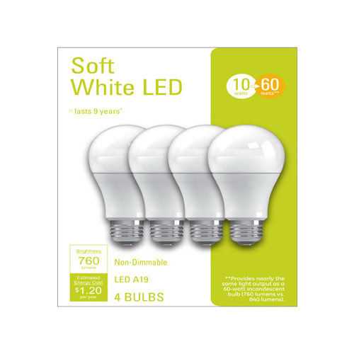 LED Light Bulbs, A19, Soft White, 760 Lumens, 10-Watts  pack of 4