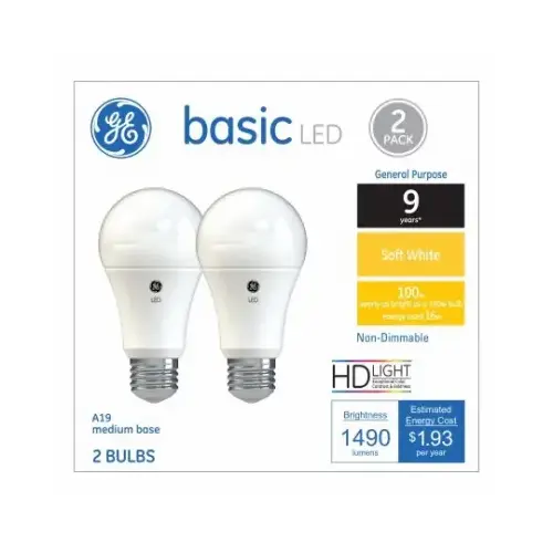 LED Light Bulbs, A19, Soft White, 1490 Lumens, 16-Watts Pair