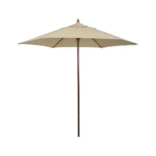 Patio Market Umbrella, Beige Fabric, Woodgrain Steel, 9-Ft.