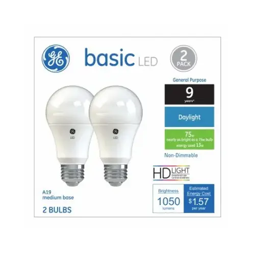 LED Light Bulbs, A19, Daylight, 1050 Lumens, 13-Watts Pair