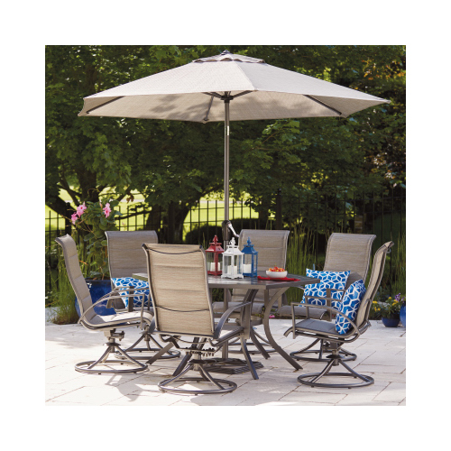 WOODARD, LLC RXTV-2003-SET Stonington 7-Pc. Patio Dining Set, 6 Swivel Rockers, Gray Steel, Gray/Blue Fabric