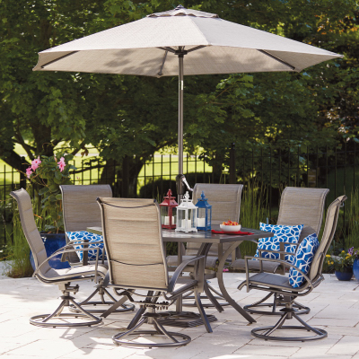 WOODARD, LLC RXTV-2003-SET Stonington 7-Pc. Patio Dining Set, 6 Swivel Rockers, Gray Steel, Gray/Blue Fabric