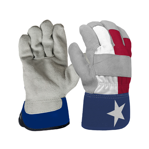 Work Gloves, Leather Palm, Cotton, Texas Flag Pattern, Men's Large