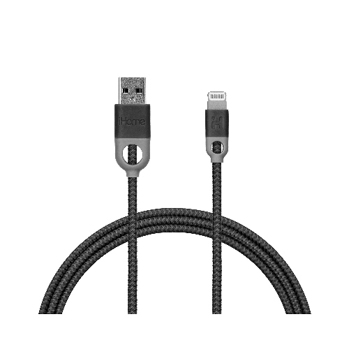 iHome IH-CT1056B Braided Nylon Lightning Cable, for iPhones, Gray/Black, 6-Ft.