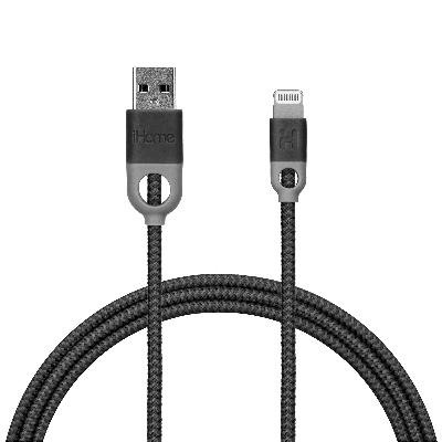 iHome IH-CT1056B Braided Nylon Lightning Cable, for iPhones, Gray/Black, 6-Ft.