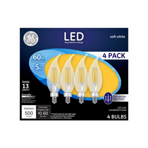 Decorative LED Light Bulbs, Soft White, CAC, Clear, Dimmable, 500 Lumens, 5-Watts - pack of 4