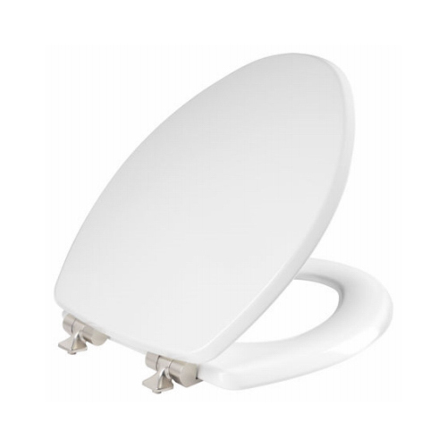 Elongated Wood Toilet Seat, White Enamel, Never Loosens, Slow-Close Brushed Nickel Hinge