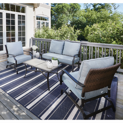 Four Seasons Courtyard 545.0242.000 Belmont 4-Pc. Seating Set, 2 Rockers, Loveseat, Tile Top Table, Steel/Brown Wicker