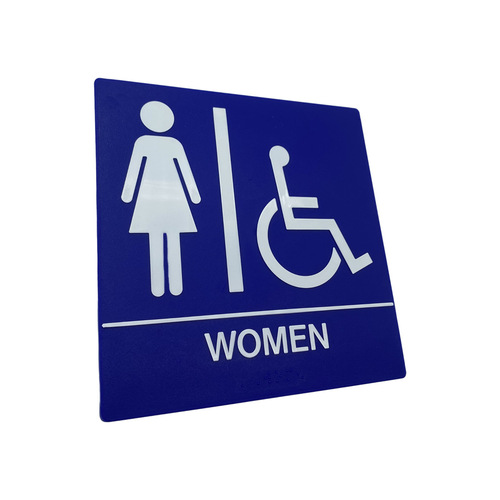 Blue ADA Square Womens and Handicap Restroom Sign with Braille Blue Finish