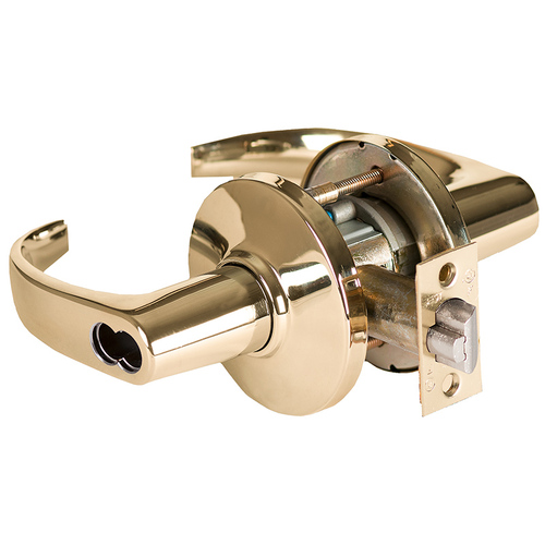 Grade 1 Store Cylindrical Lock, Lost Motion, 14 Lever, D Rose, SFIC Less Core, Bright Brass Finish, 2-3/4" ANSI Strike, Non-handed Bright Brass