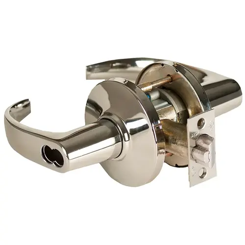 Grade 1 Store Cylindrical Lock, Lost Motion, 14 Lever, D Rose, SFIC Less Core, Bright Nickel Finish, 2-3/4" ANSI Strike, Non-handed Bright Nickel