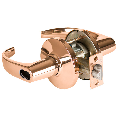 Grade 1 Institutional Cylindrical Lock, Lost Motion, 14 Lever, D Rose, SFIC Less Core, Bright Bronze Finish, 4-7/8" ANSI Strike, Non-handed Bright Bronze