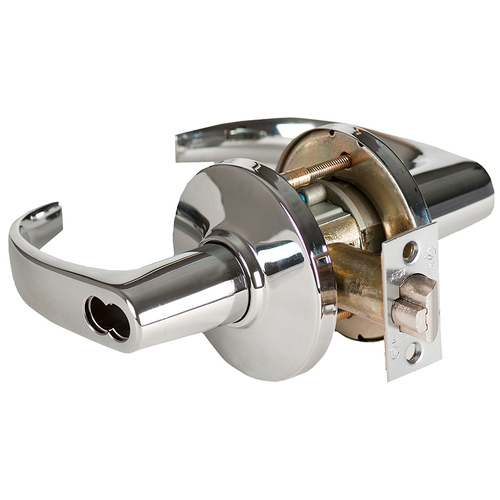 Grade 1 Institutional Cylindrical Lock, Lost Motion, 14 Lever, D Rose, SFIC Less Core, Bright Chrome Finish, 4-7/8" ANSI Strike, Non-handed Bright Chrome