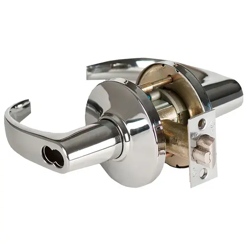 Grade 1 Office Cylindrical Lock, Lost Motion, 14 Lever, D Rose, SFIC Less Core, Bright Chrome Finish, 2-3/4" ANSI Strike, Non-handed Bright Chrome