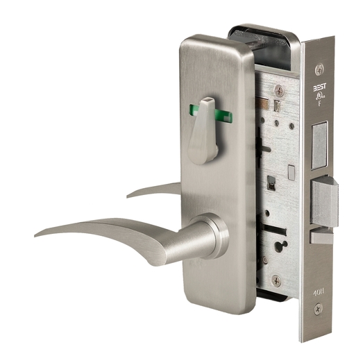 Grade 1 Dormitory Mortise Lock, Visual Thumbturn Indicator, 17R Lever, J Escutcheon, SFIC Housing Less Core, Satin Nickel Finish, Field Reversible Satin Nickel