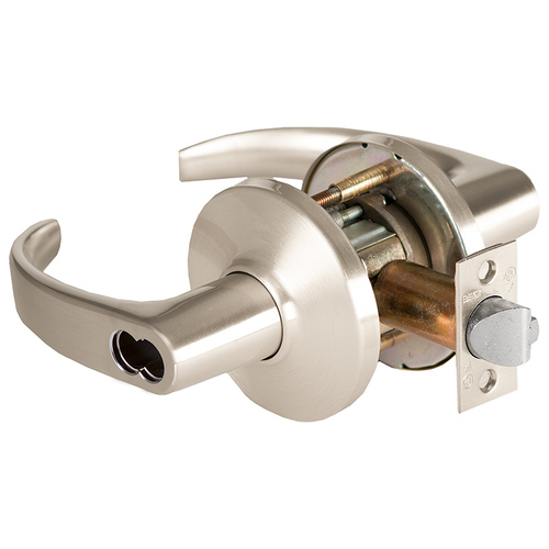 Grade 1 Service Station Cylindrical Lock, Lost Motion, 14 Lever, D Rose, SFIC Less Core, Satin Nickel Finish, 2-3/4" ANSI Strike, Non-handed Satin Nickel