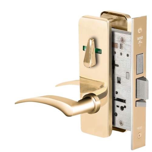 Grade 1 Dormitory Mortise Lock, Double Visual Indicator, 17R Lever, J Escutcheon, SFIC Housing Less Core, Bright Brass Finish, Field Reversible Bright Brass