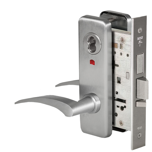 Grade 1 Dormitory Mortise Lock, Visual Keyed Indicator, 17L Lever, J Escutcheon, SFIC Housing Less Core, Satin Chrome Finish, Field Reversible Satin Chrome