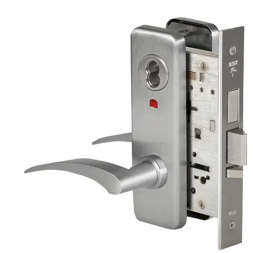 Grade 1 Dormitory Mortise Lock, Visual Keyed Indicator, 17R Lever, J Escutcheon, SFIC Housing Less Core, Satin Chrome Finish, Field Reversible Satin Chrome