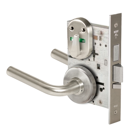 Grade 1 Dormitory Mortise Lock, Visual Thumbturn Indicator, 12 Lever, H Rose, SFIC Housing Less Core, Satin Nickel Finish, Field Reversible Satin Nickel