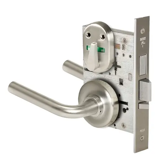 Grade 1 Dormitory Mortise Lock, Visual Thumbturn Indicator, 12 Lever, R Rose, SFIC Housing Less Core, Satin Nickel Finish, Field Reversible Satin Nickel