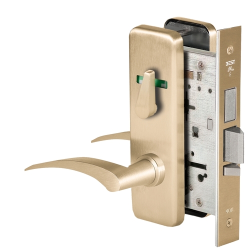 Grade 1 Dormitory Mortise Lock, Visual Thumbturn Indicator, 17R Lever, J Escutcheon, SFIC Housing Less Core, Satin Brass Finish, Field Reversible Satin Brass