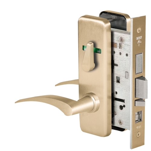 Grade 1 Office Mortise Lock, Double Visual Indicator, 17L Lever, J Escutcheon, SFIC Housing Less Core, Satin Brass Finish, Field Reversible Satin Brass