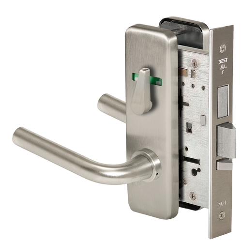 Grade 1 Dormitory Mortise Lock, Double Visual Indicator, 12 Lever, J Escutcheon, SFIC Housing Less Core, Satin Nickel Finish, Field Reversible Satin Nickel