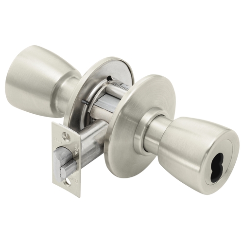 Storeroom Cylindrical Lock, Grade 1, SFIC Less Core, Satin Nickel Finish, Non-handed, 6 Knob