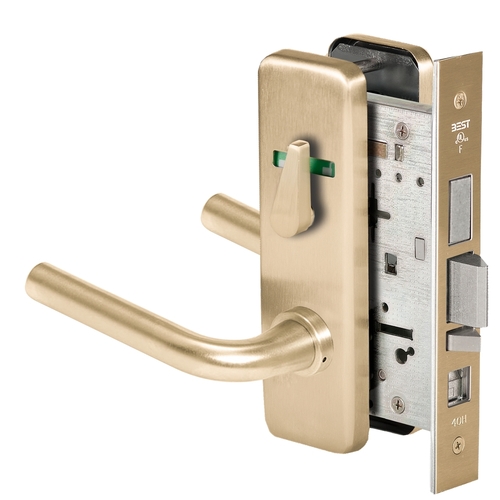 Grade 1 Office Mortise Lock, Double Visual Indicator, 12 Lever, J Escutcheon, SFIC Housing Less Core, Satin Brass Finish, Field Reversible Satin Brass