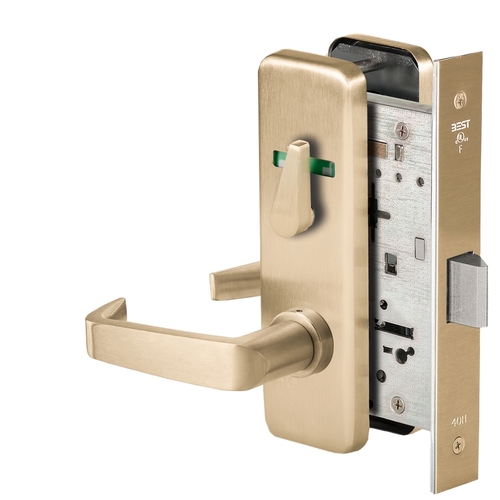 Grade 1 Privacy Mortise Lock, Double Visual Indicator, 15 Lever, J Escutcheon, Non-Keyed, Satin Brass Finish, Field Reversible Satin Brass