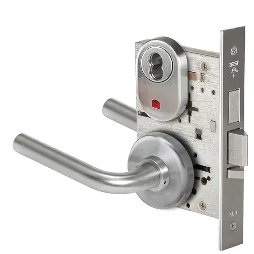 Grade 1 Dormitory Mortise Lock, Visual Keyed Indicator, 12 Lever, H Rose, SFIC Housing Less Core, Satin Chrome Finish, Field Reversible Satin Chrome