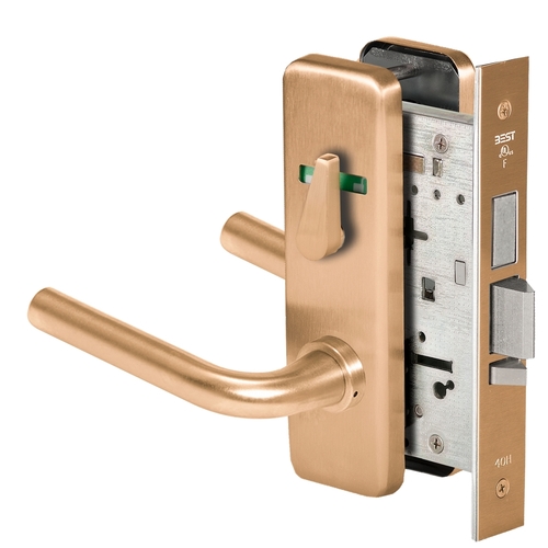 Grade 1 Dormitory Mortise Lock, Double Visual Indicator, 12 Lever, J Escutcheon, SFIC Housing Less Core, Satin Bronze Finish, Field Reversible Satin Bronze