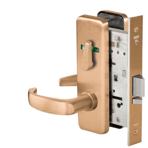 Grade 1 Office Mortise Lock, Visual Thumbturn Indicator, 14 Lever, J Escutcheon, SFIC Housing Less Core, Satin Bronze Finish, Field Reversible Satin Bronze