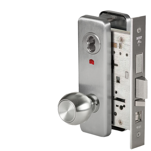 Grade 1 Office Mortise Lock, Visual Keyed Indicator, 4 Knob, J Escutcheon, SFIC Housing Less Core, Satin Stainless Steel Finish, Field Reversible Satin Stainless Steel